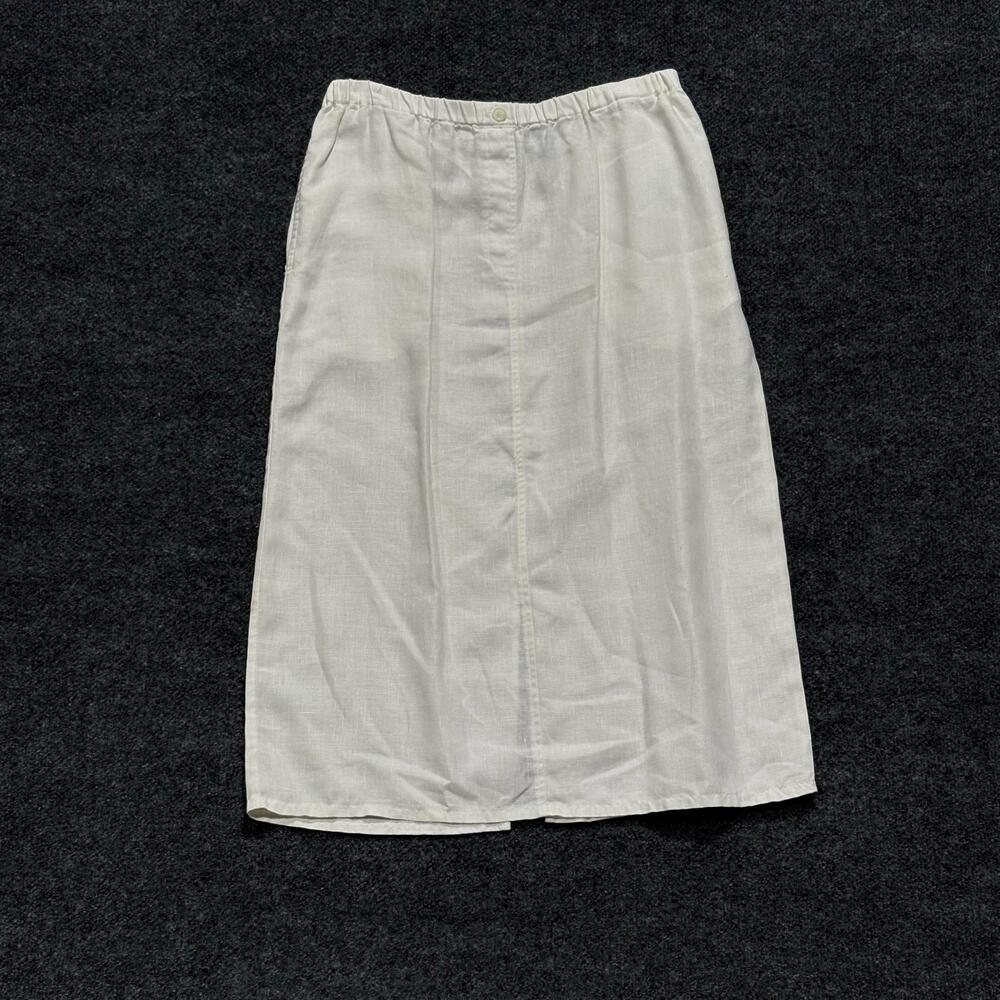 New York & Company Skirt Womens L White Linen Midi Elastic Waist Slit Casual